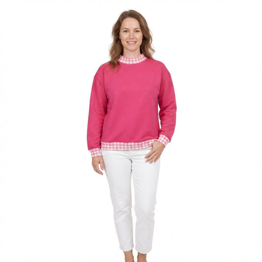 GT1796 Thick Sweatshirts Pink Plaid Rose Red Middle Neckline Adult Women's Shirt Pullover