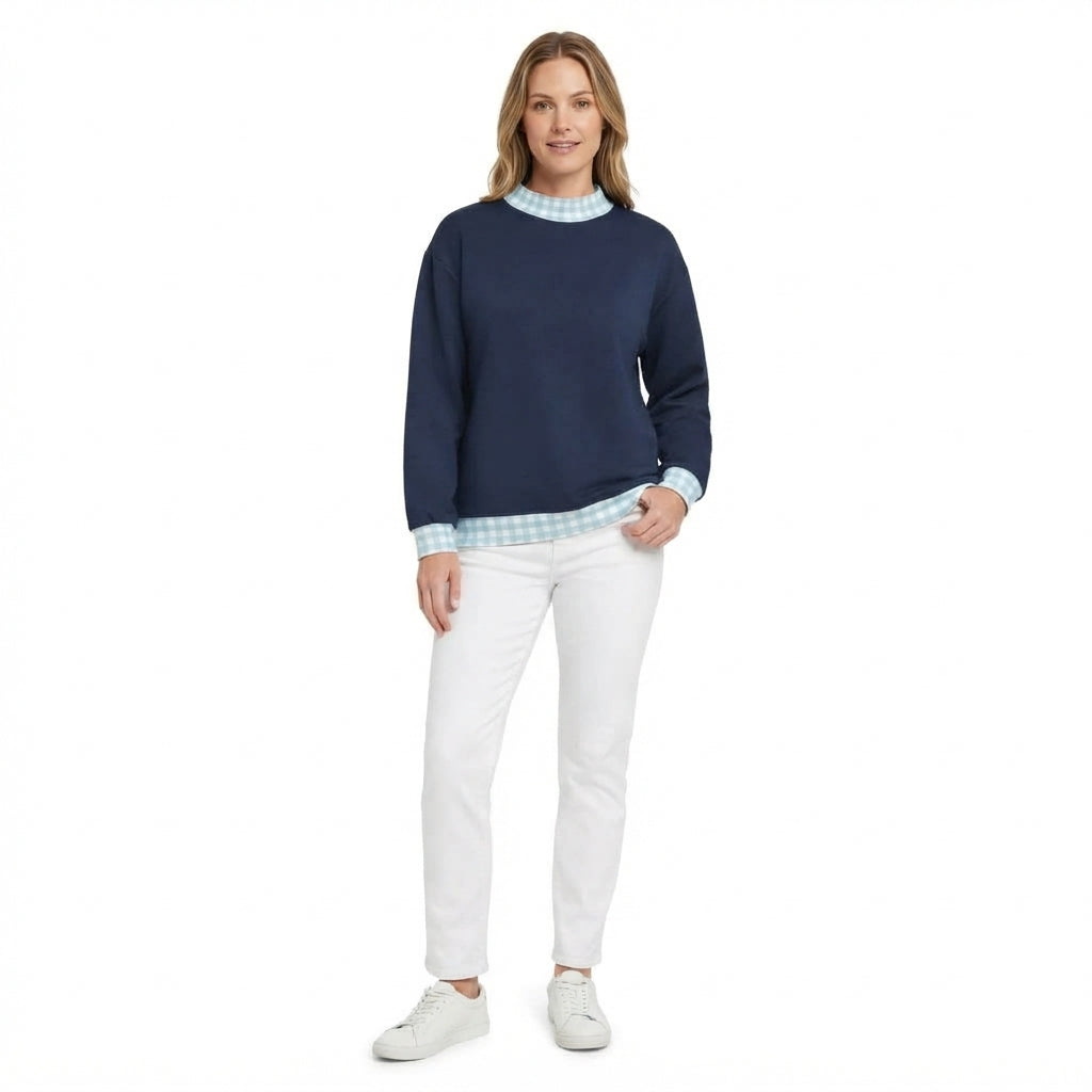 GT1797 Thick Sweatshirts Blue Plaid Navy Middle Neckline Adult Women's Shirt Pullover
