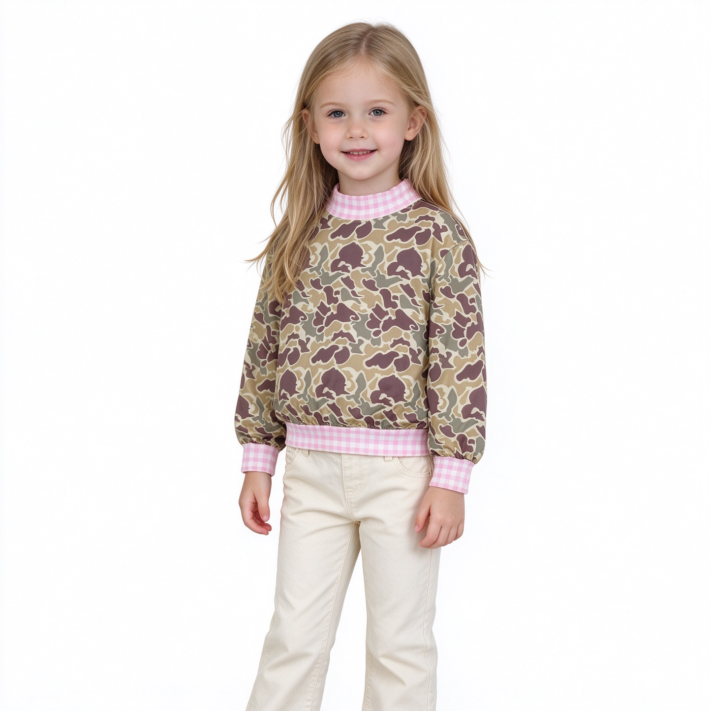 GT1841 Hunting Camo Pink Plaid Middle Neckline Pullover Kids Girls Shirt Top