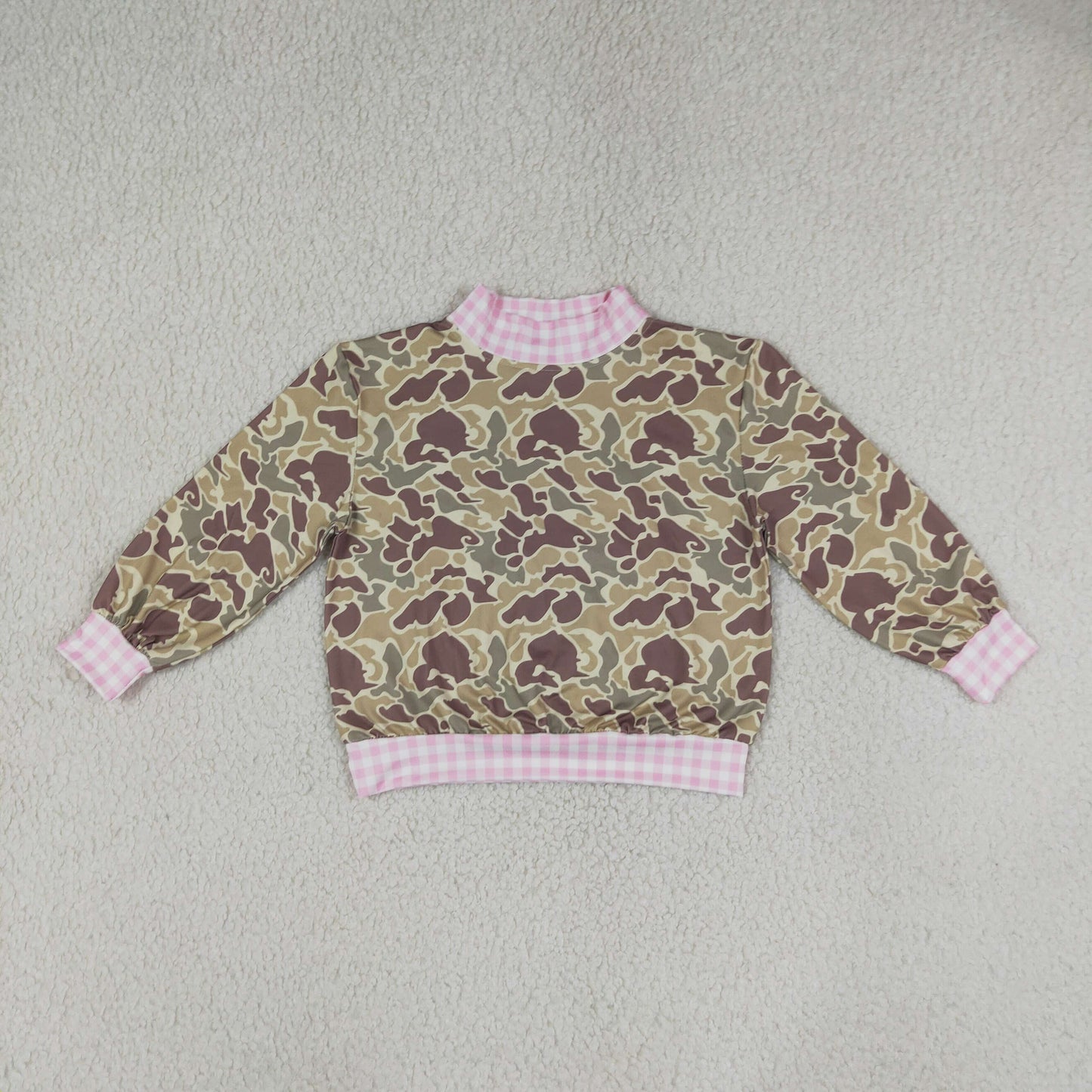 GT1841 Hunting Camo Pink Plaid Middle Neckline Pullover Kids Girls Shirt Top