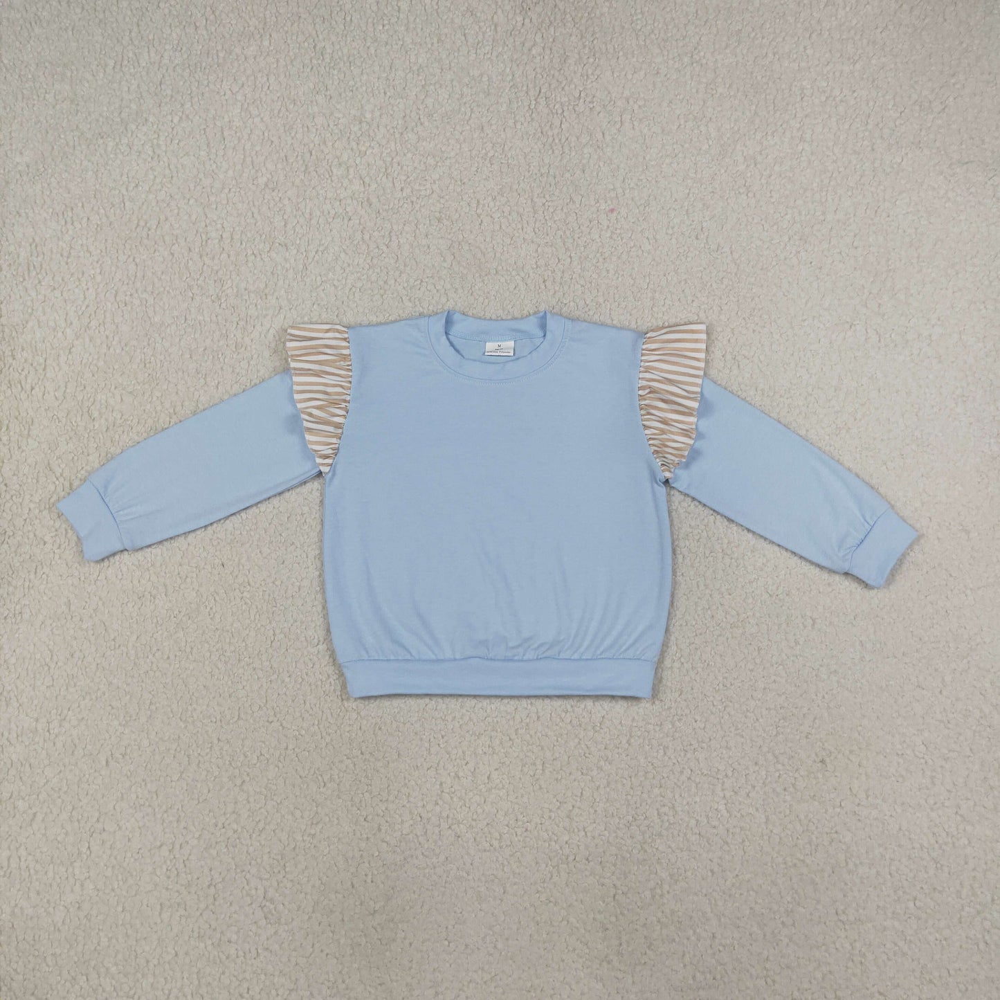 GT1843 Solid Color Stripe Ruffles Blue Kids Girls Shirt Top