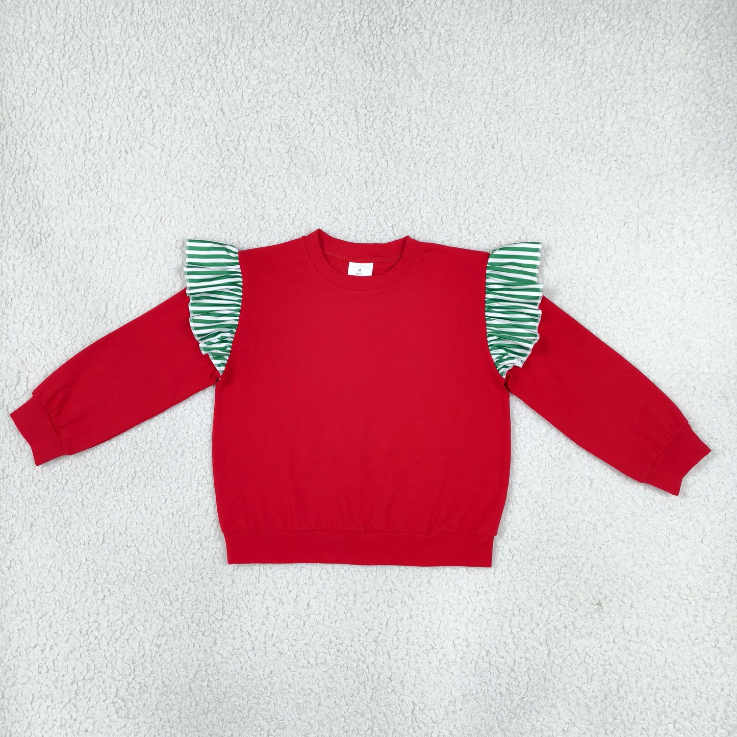 GT1844 Christmas Solid Color Stripe Ruffles Red Kids Girls Shirt Top