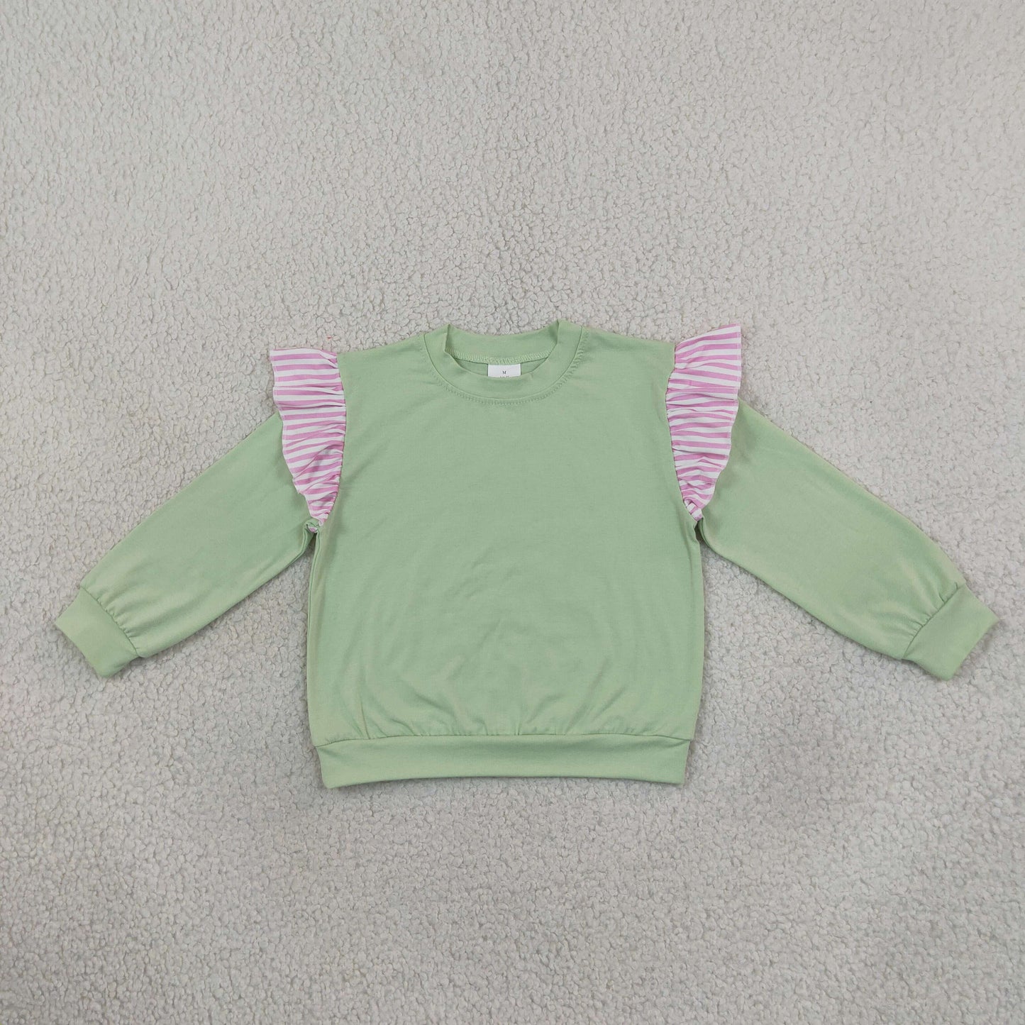 GT1847 Solid Color Stripe Ruffles Light Green Kids Girls Shirt Top
