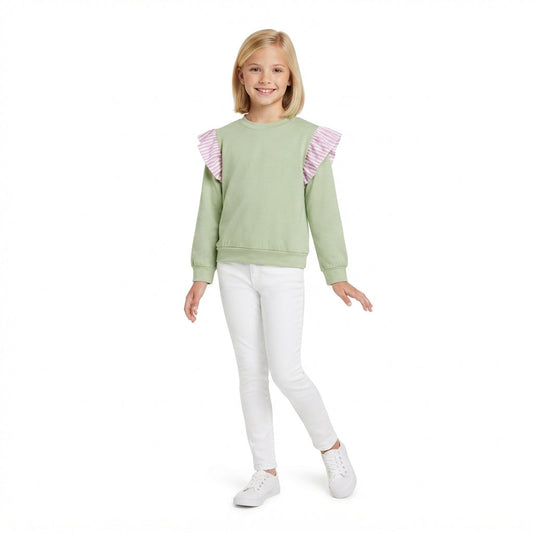 GT1847 Solid Color Stripe Ruffles Light Green Kids Girls Shirt Top