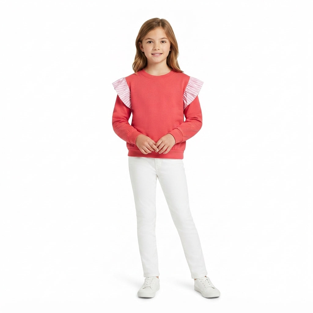 GT1848 Solid Color Stripe Ruffles Rose Red Kids Girls Shirt Top