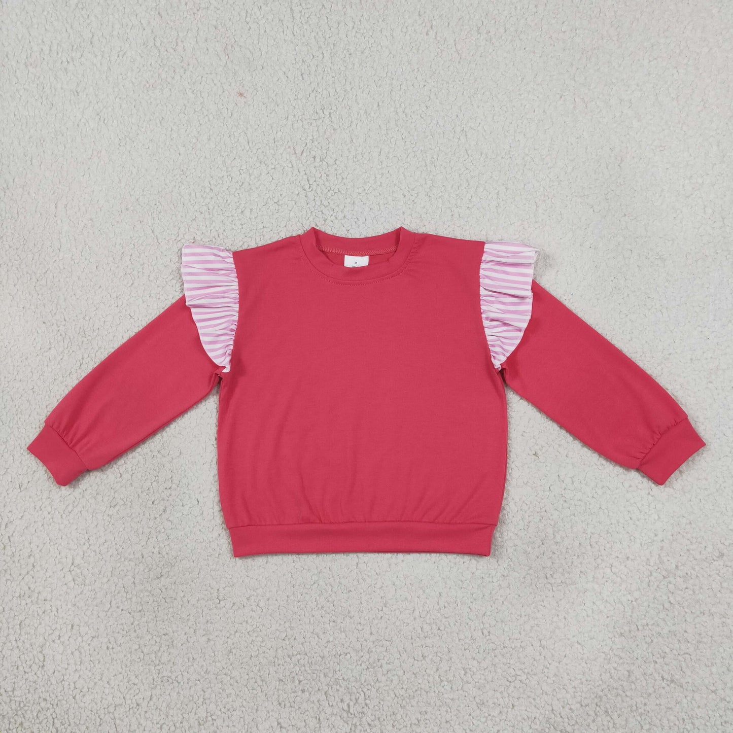 GT1848 Solid Color Stripe Ruffles Rose Red Kids Girls Shirt Top
