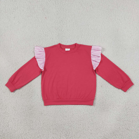 GT1848 Solid Color Stripe Ruffles Rose Red Kids Girls Shirt Top