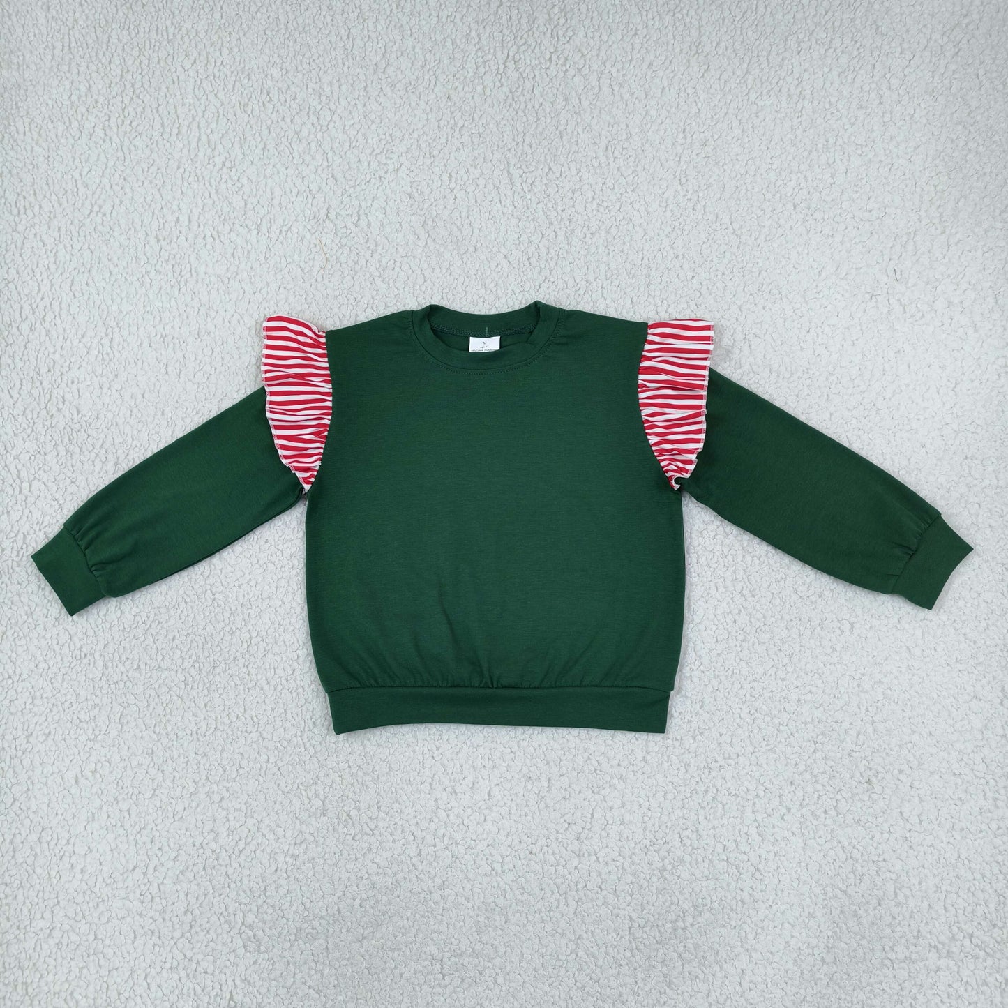 GT1850 Christmas Solid Color Stripe Ruffles Dark Green Kids Girls Shirt Top