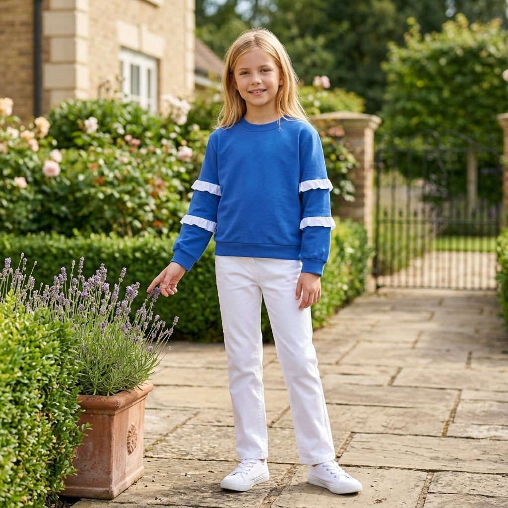 GT1860 Solid Color Ruffles Blue Kids Girls Shirt Top