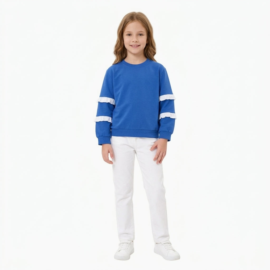 GT1860 Solid Color Ruffles Blue Kids Girls Shirt Top
