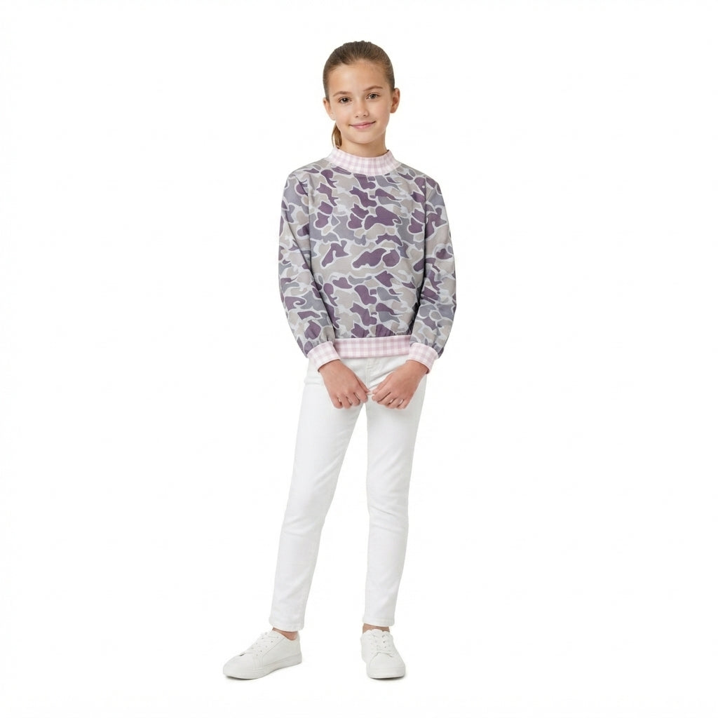 GT1873 Hunting Camo Pink Plaid Middle Neckline Pullover Kids Girls Shirt Top