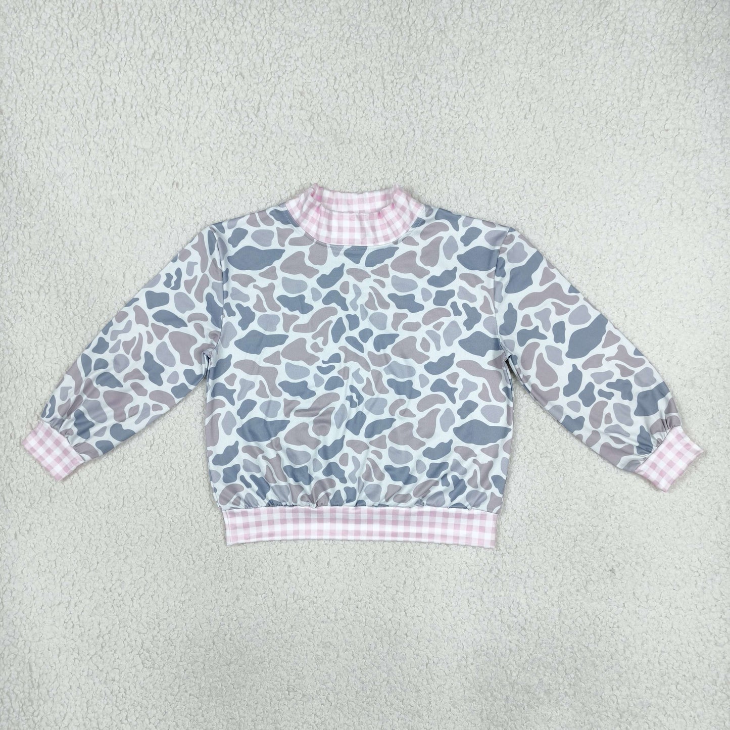 GT1874 Hunting Camo Pink Plaid Mockneck Pullover Kids Girls Shirt Top