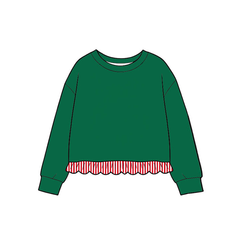 Preorder MOQ 5 Pcs GT1936 Christmas Solid Green Ruffles Pullover Girls Shirt Top