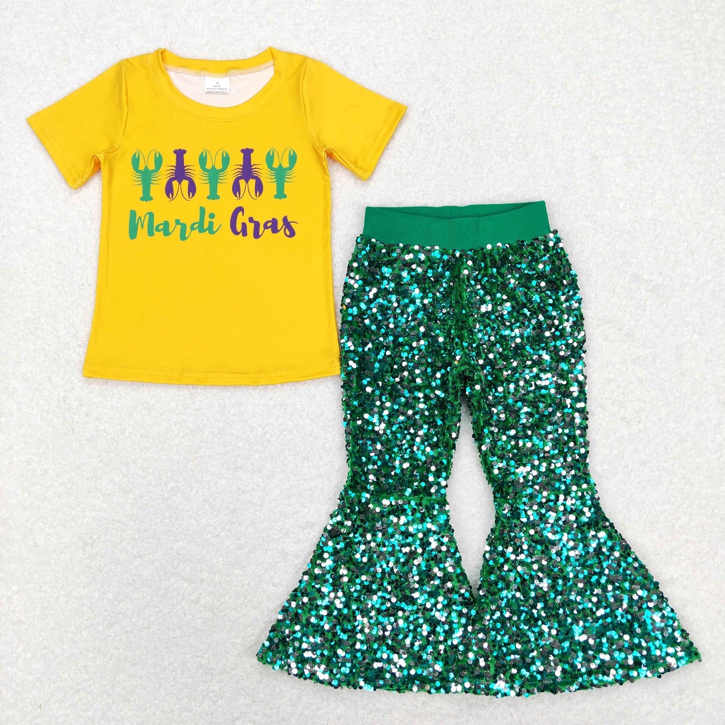 Happy Mardi Gras yellow Print Short Shirt Greensequin Bell Pants Jeans