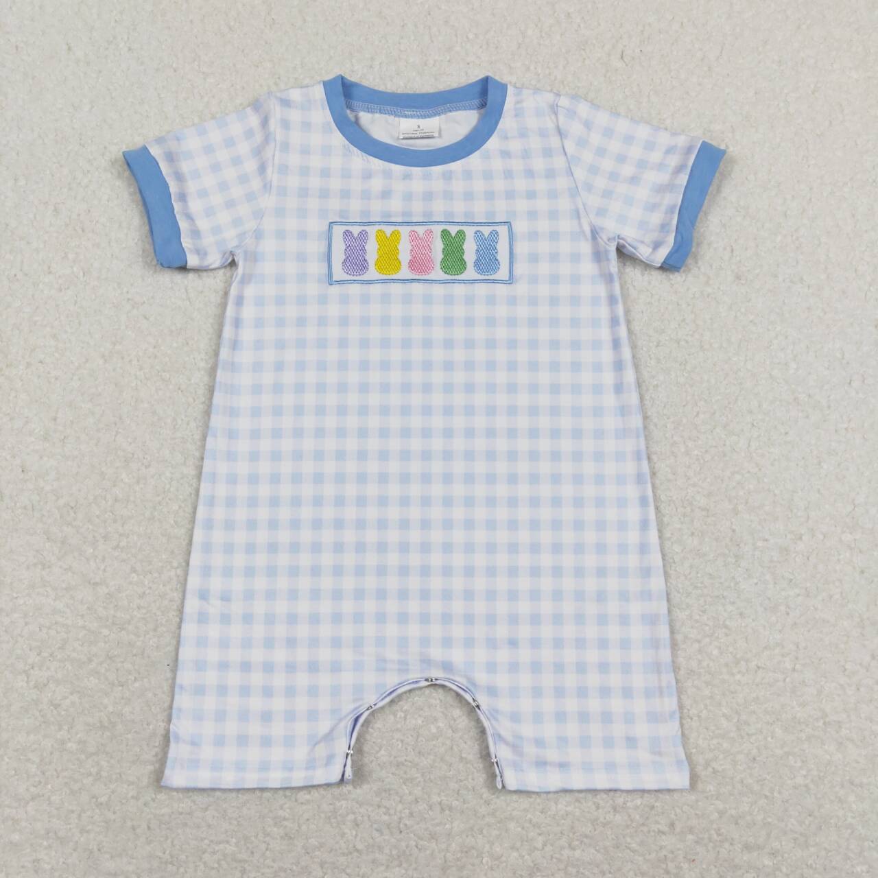 Embroidery easter Bunny Plaid Short Sleeve Boy Baby Romper