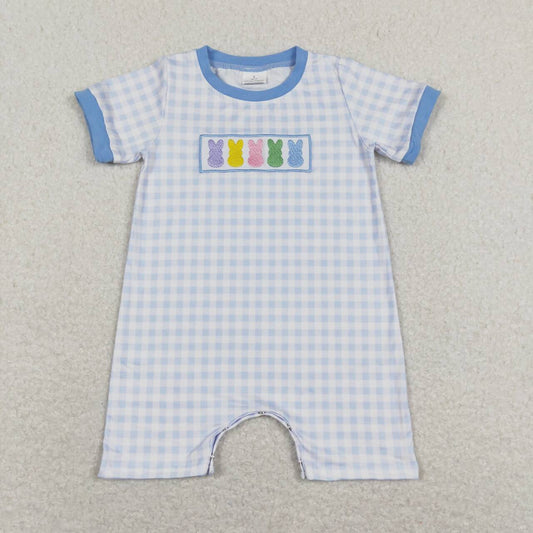 Embroidery easter Bunny Plaid Short Sleeve Boy Baby Romper