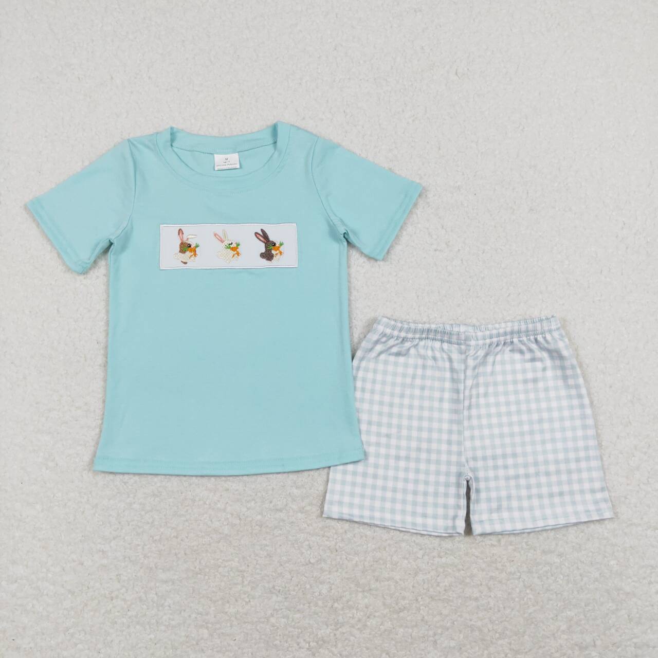 Easter blue Bunny embroidery Plaid Short Boy Set