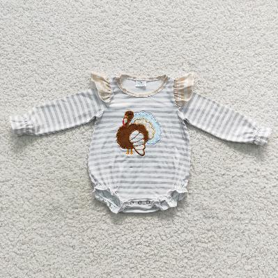 LR0426 Thanksgiving striped embroidered turkey Girls Romper (usa warehouse)