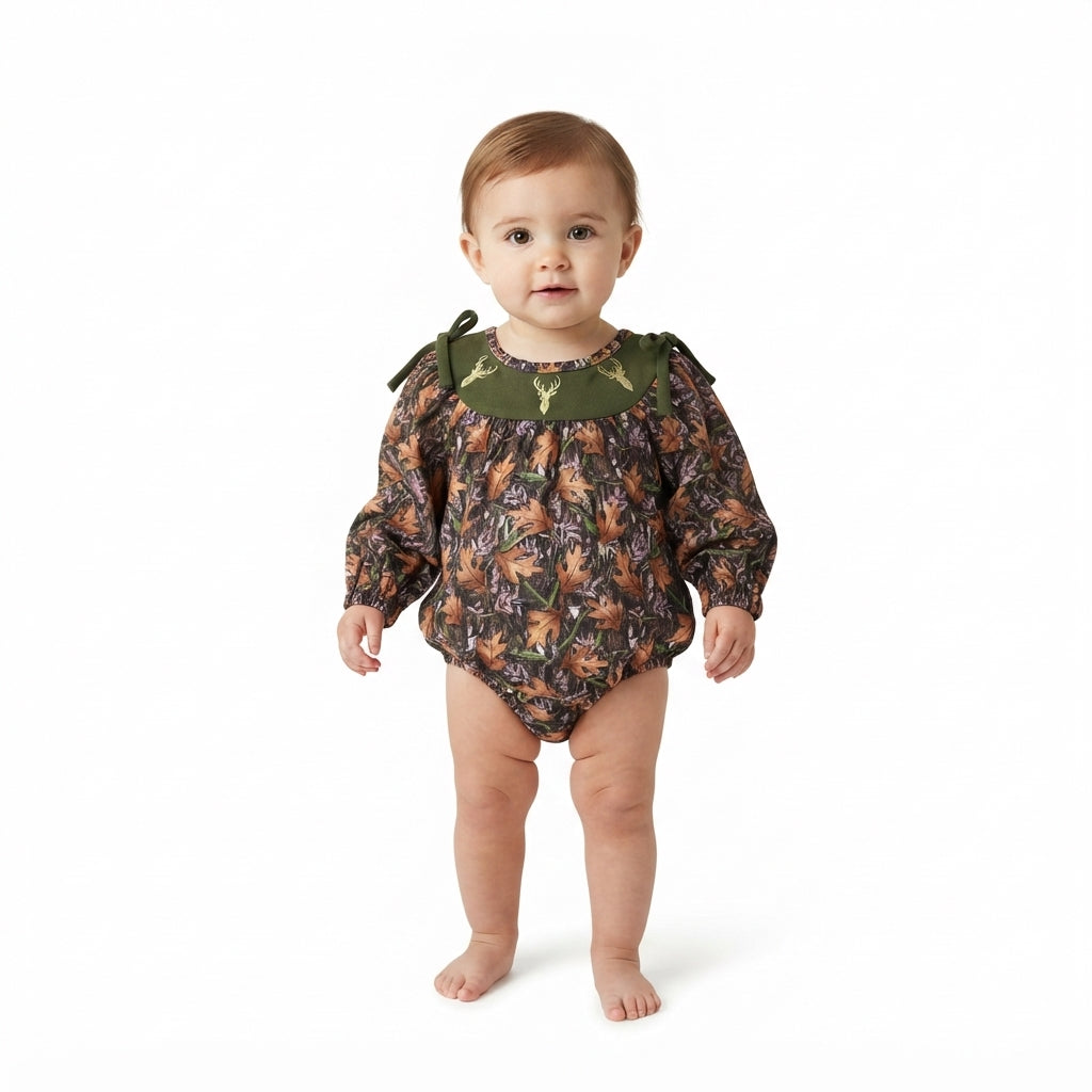 LR2728 Embroidery Hunting Elk Army Green Baby Girls Romper
