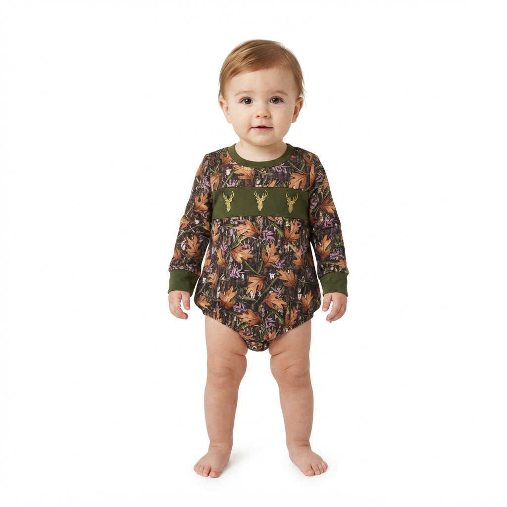 LR2729 Embroidery Hunting Elk Army Green Baby Boys Romper