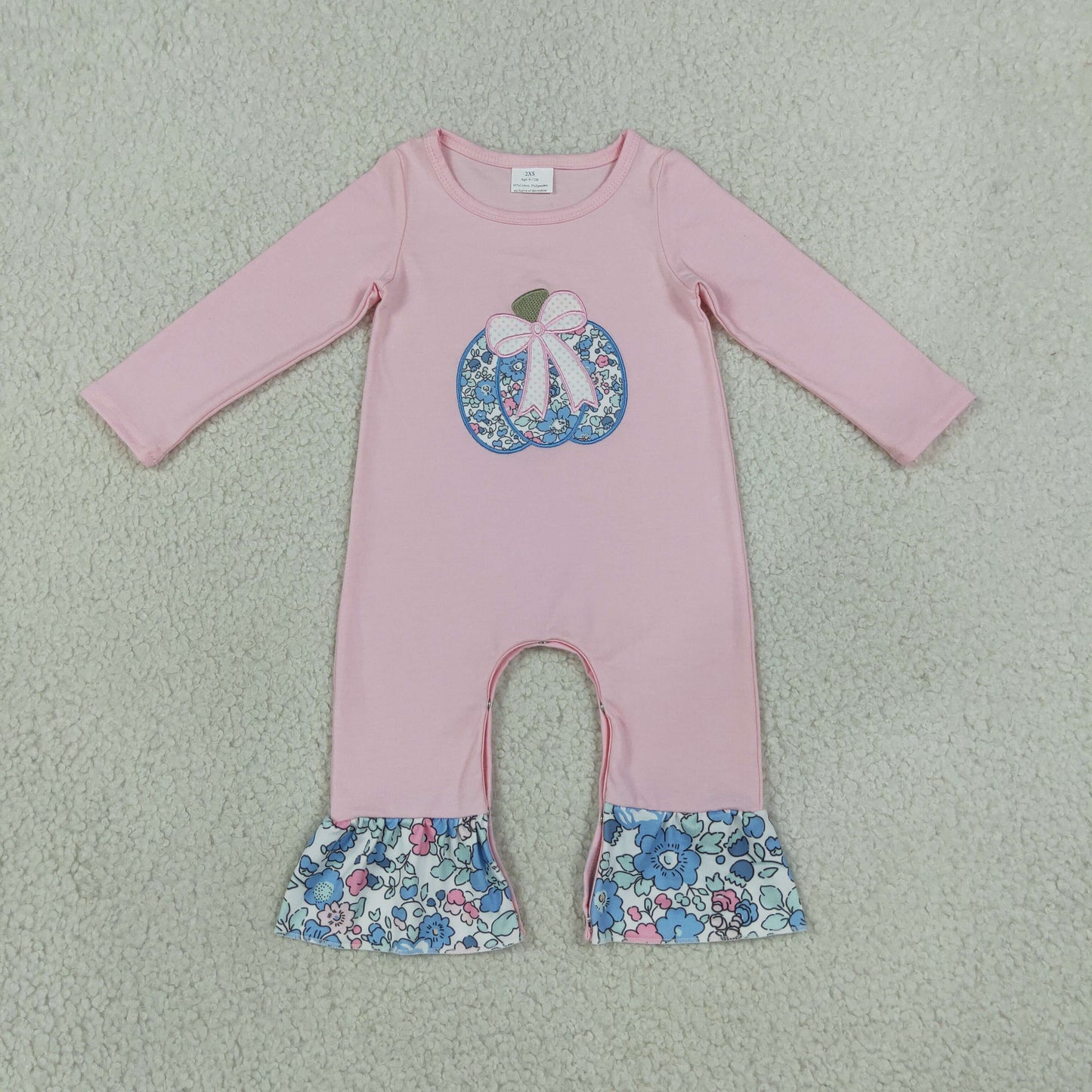 LR3021 Embroidery Pumpkin Bows Flower Purple Baby Girls Romper