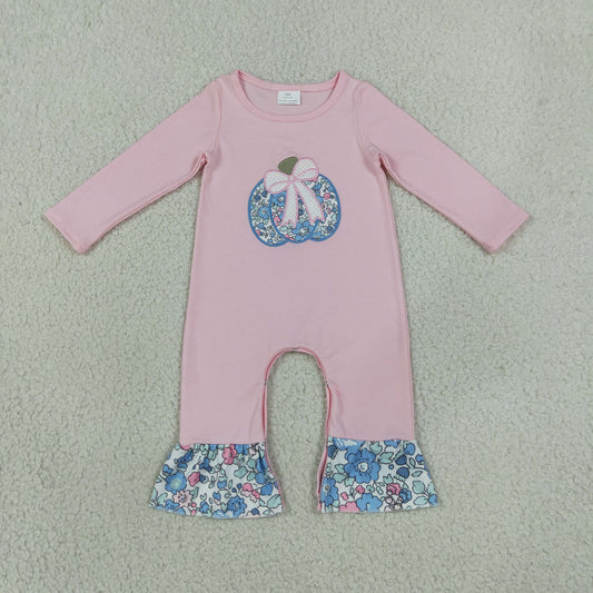 LR3021 Embroidery Pumpkin Bows Flower Purple Baby Girls Romper