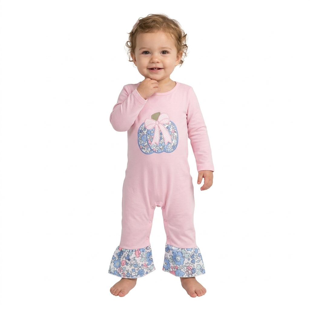 LR3021 Embroidery Pumpkin Bows Flower Purple Baby Girls Romper