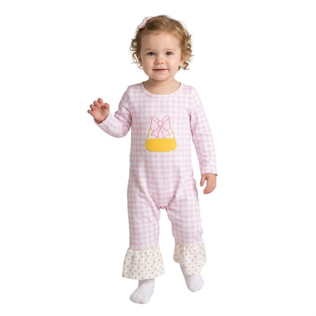 LR3022 Embroidery Candy Corn Bows Pink Plaid Dots Baby Girls Romper