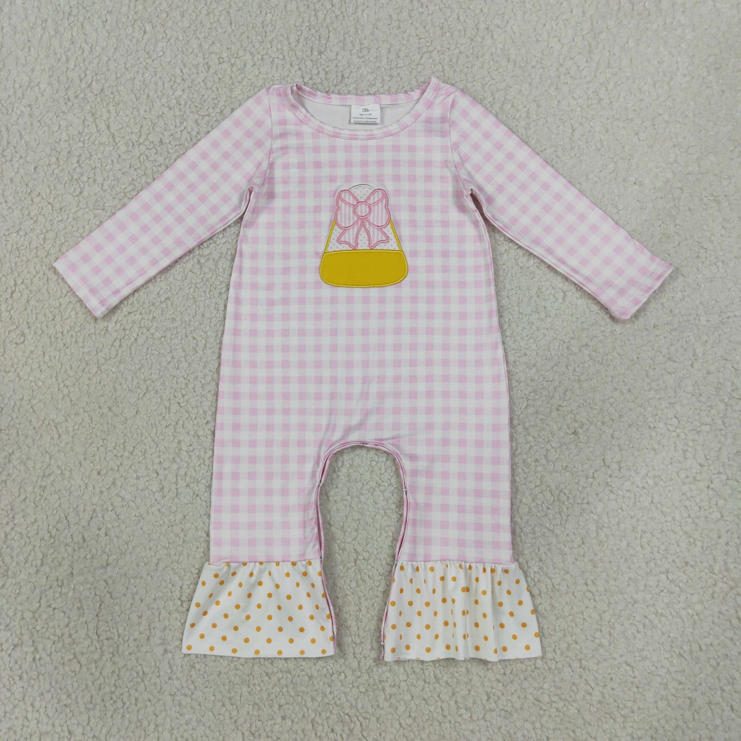 LR3022 Embroidery Candy Corn Bows Pink Plaid Dots Baby Girls Romper