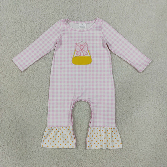 LR3022 Embroidery Candy Corn Bows Pink Plaid Dots Baby Girls Romper