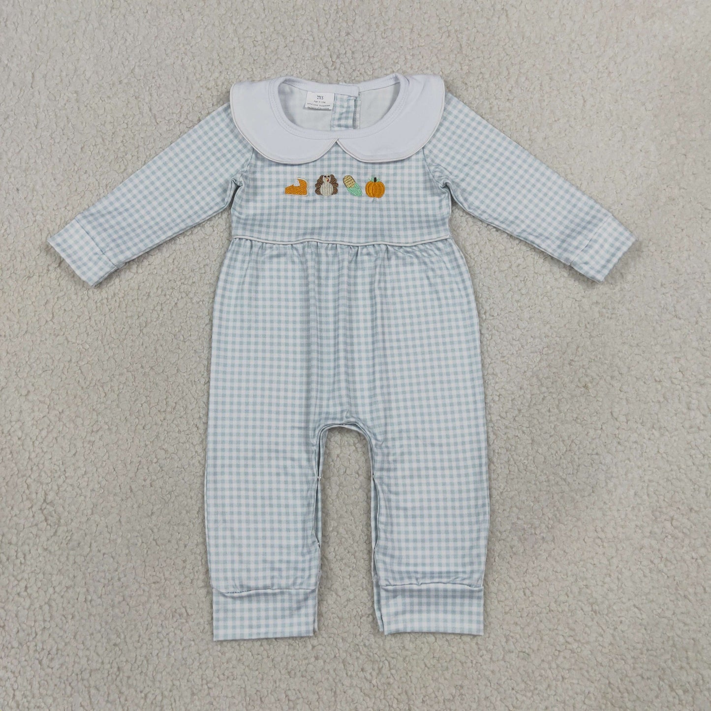 LR3105 Thanksgiving Day Embroidery Turkey Pumpkin Pie Baby Romper