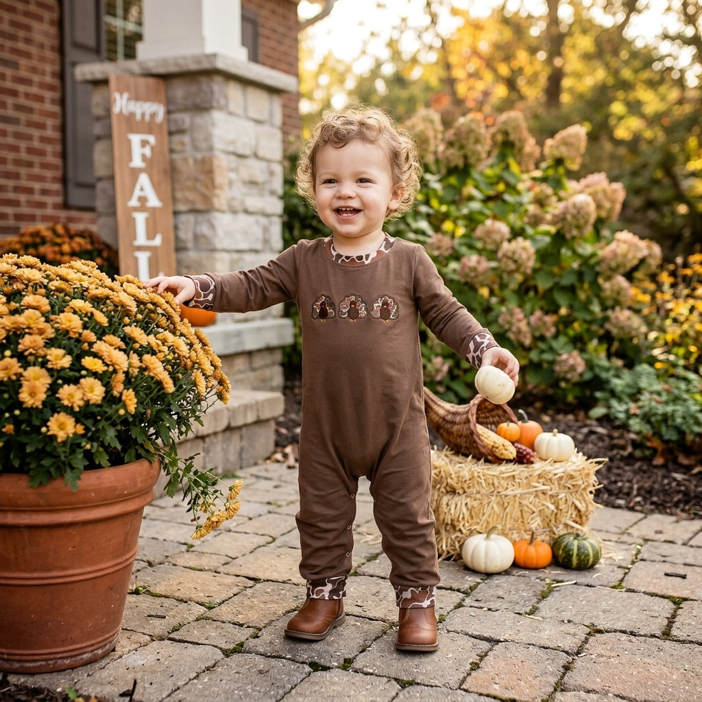 LR3108 Embroidery Thanksgiving Day Turkey Camo Baby Boys Romper