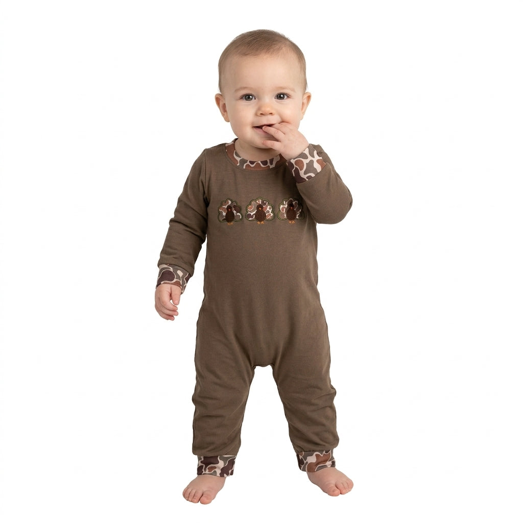 LR3108 Embroidery Thanksgiving Day Turkey Camo Baby Boys Romper