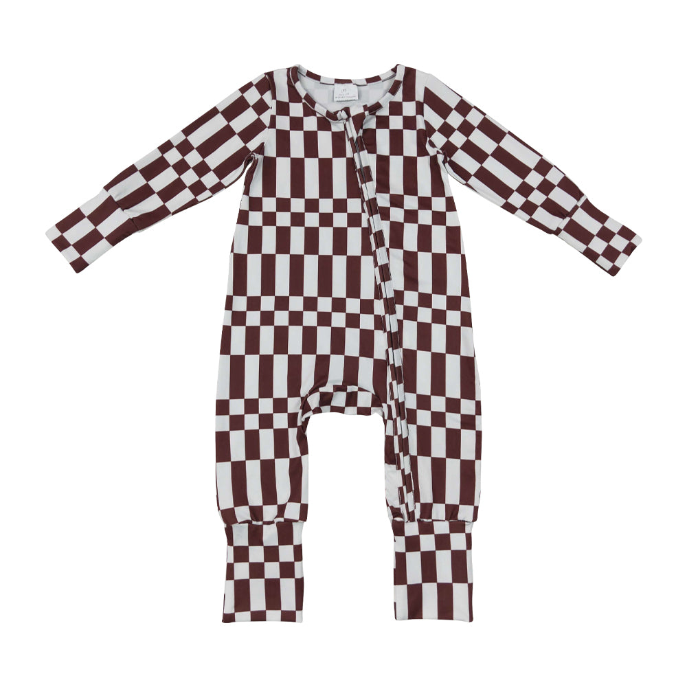 brown plaid Long Sleeve Baby Romper LR3114