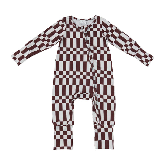 brown plaid Long Sleeve Baby Romper LR3114