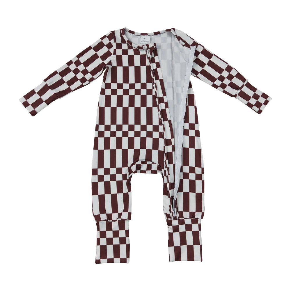 brown plaid Long Sleeve Baby Romper LR3114