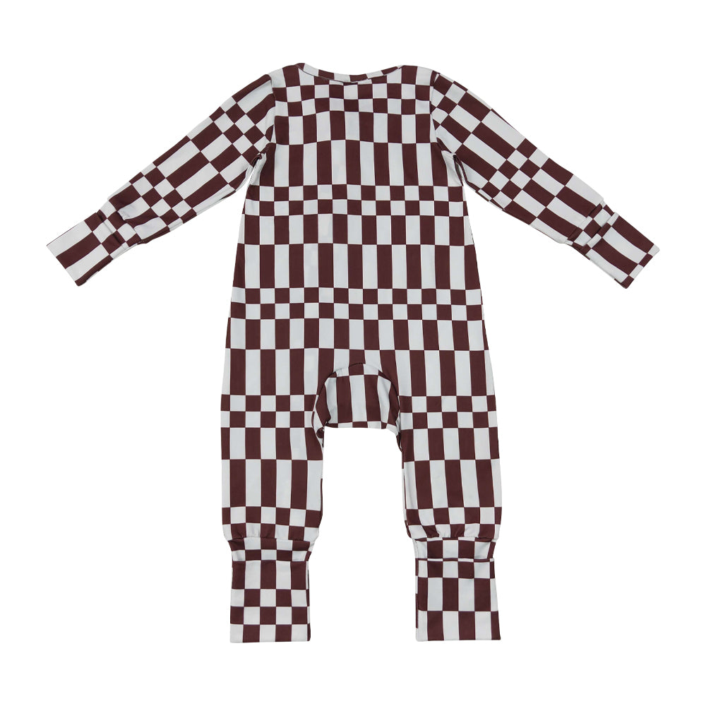 brown plaid Long Sleeve Baby Romper LR3114