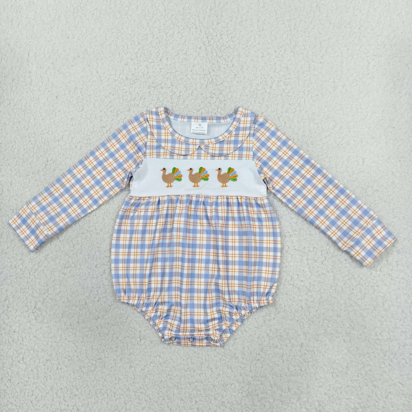 LR3132 Embroidery Thanksgiving Day Turkey Plaid Baby Bubble Romper