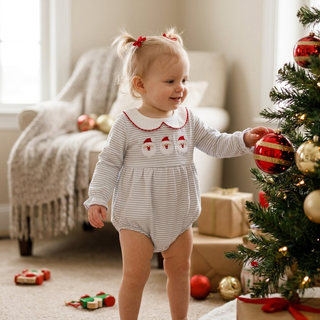LR3136 Embroidery Christmas Santa Stripe Baby Girls Romper