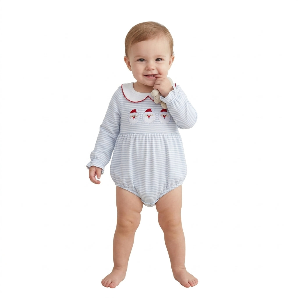 LR3136 Embroidery Christmas Santa Stripe Baby Girls Romper