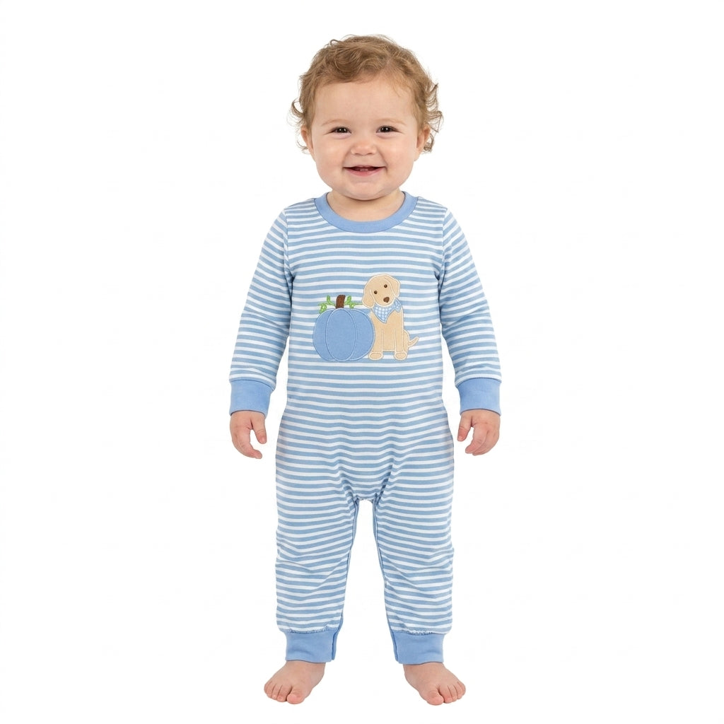 LR3141 Embroidery Fall Pumpkin Dog Blue Stripe Baby Boys Romper