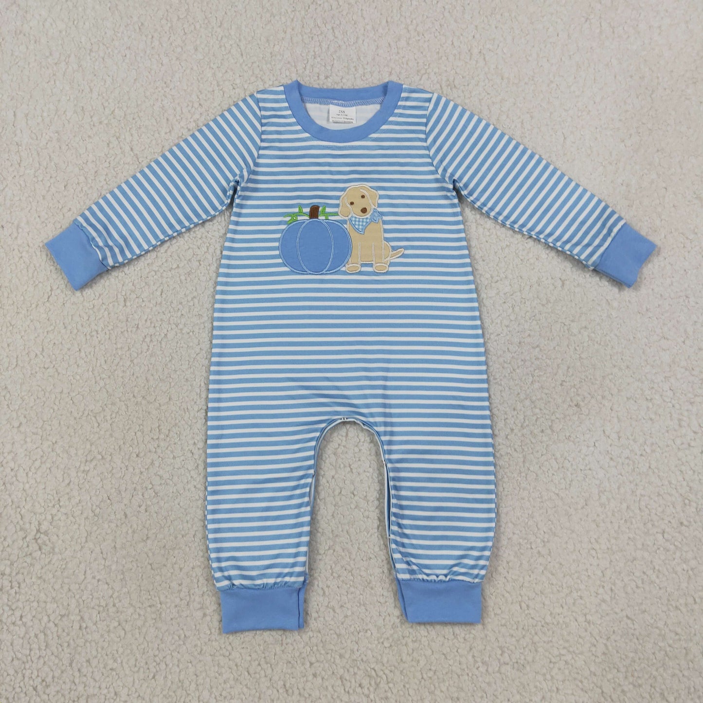 LR3141 Embroidery Fall Pumpkin Dog Blue Stripe Baby Boys Romper