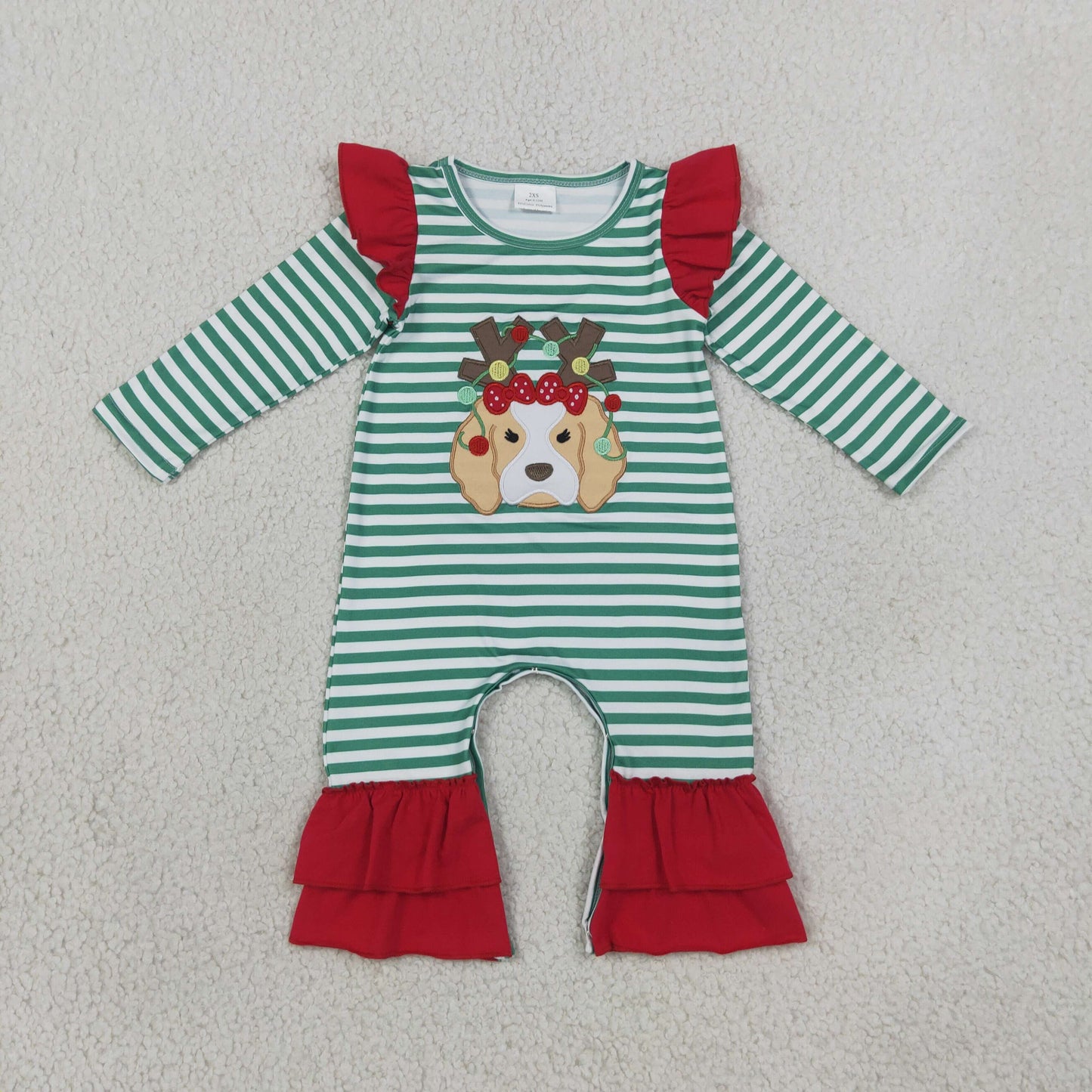 LR3145 Embroidery Christmas Elk Stripe Ruffles Baby Girls Romper