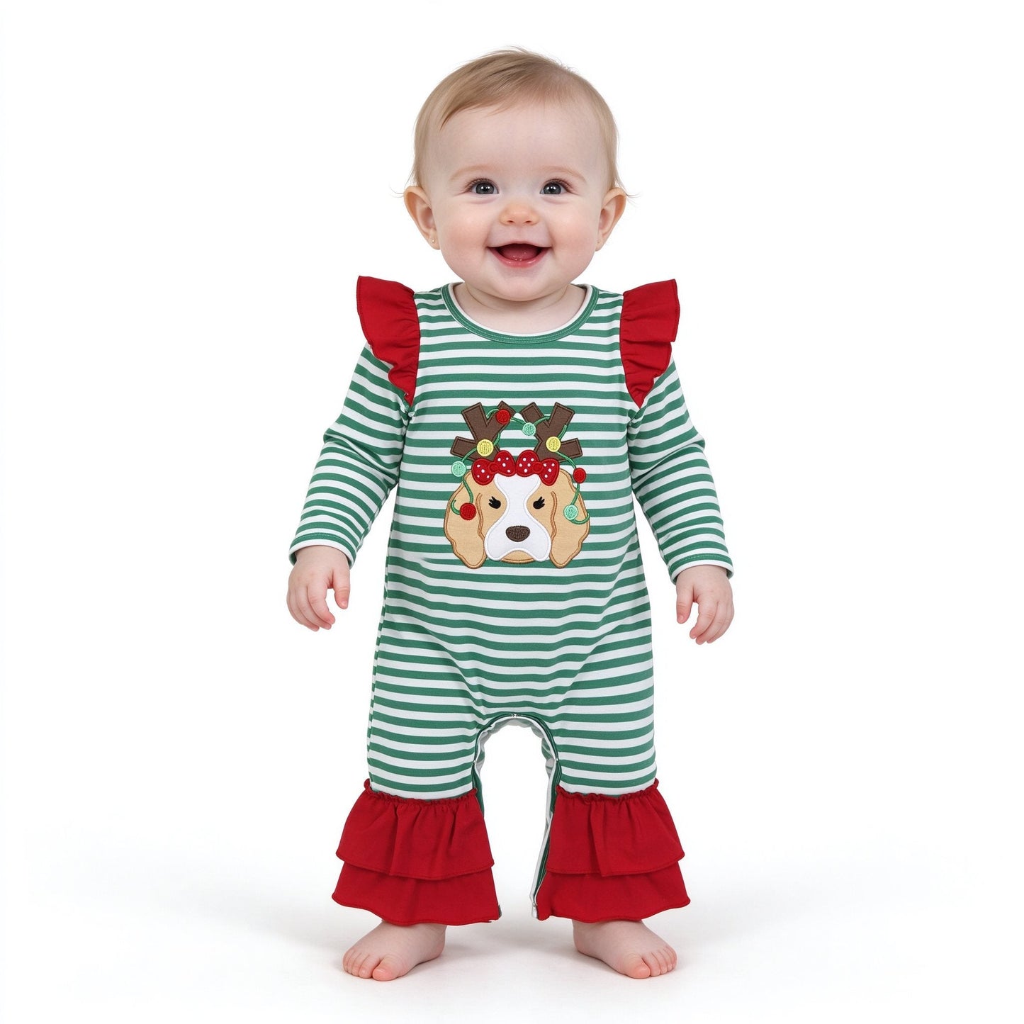 LR3145 Embroidery Christmas Elk Stripe Ruffles Baby Girls Romper