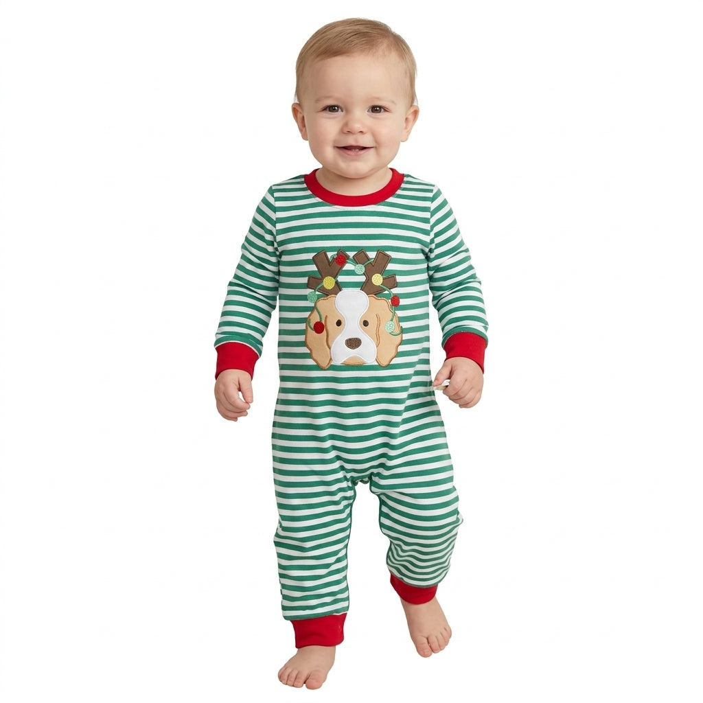 Christmas Embroidery Puppy Antlers Stripe Red Kids Sibling Matching Clothes