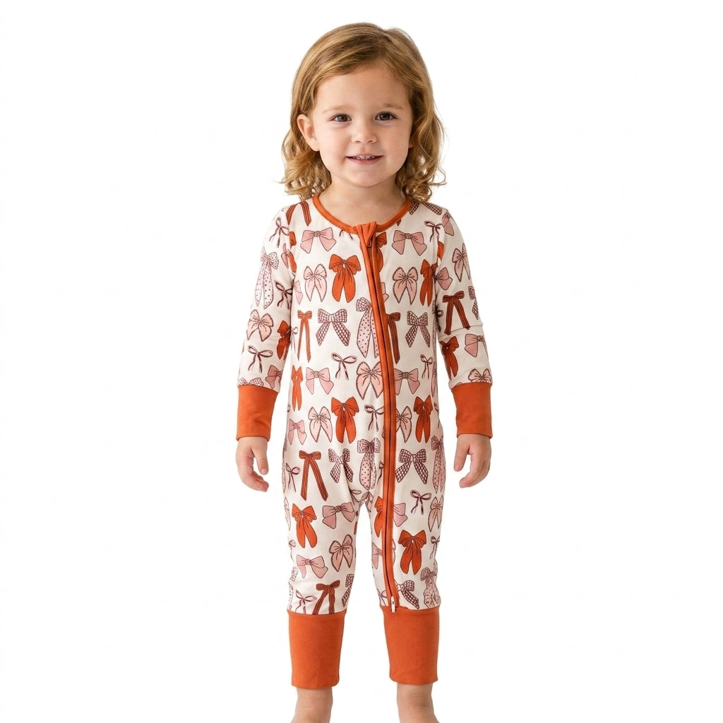 LR3158 Fall Coquette Bows Baby Footie Sleepers Romper