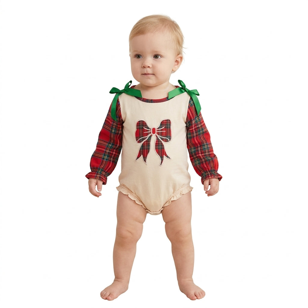 LR3163 Embroidery Christmas Bows Baby Girls Romper