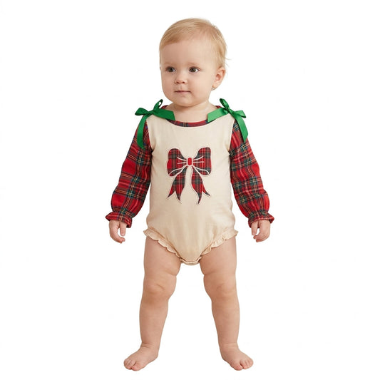LR3163 Embroidery Christmas Bows Baby Girls Romper