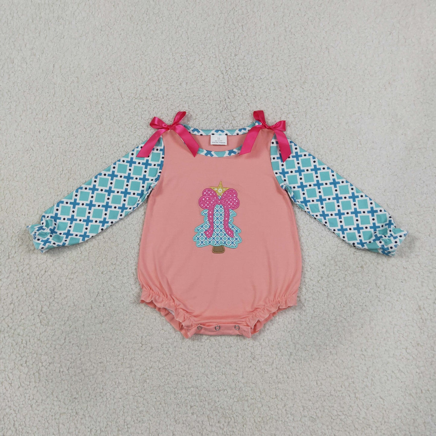 LR3164 Christmas Embroidery Trees Pink Bows Baby Bubble Romper