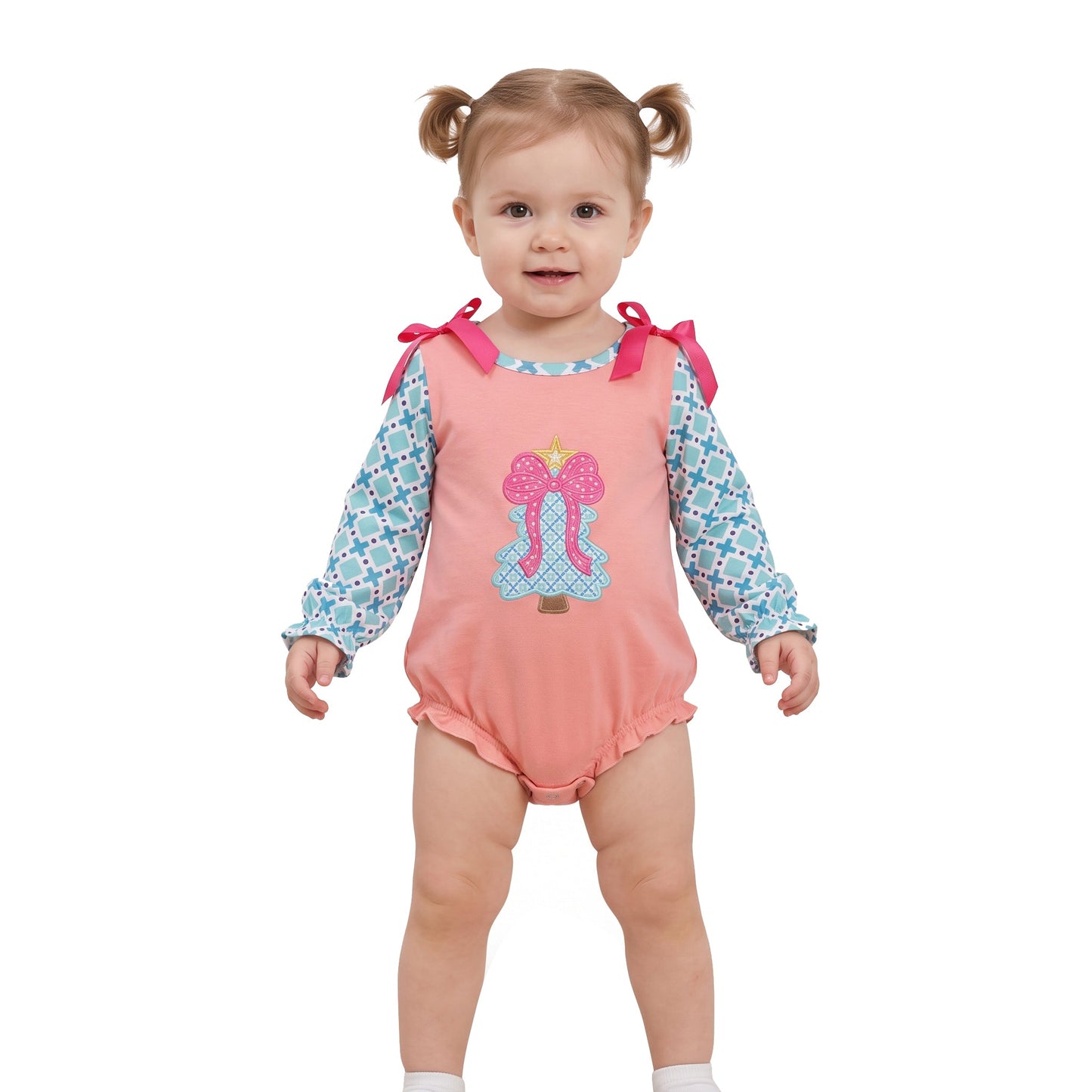 LR3164 Christmas Embroidery Trees Pink Bows Baby Bubble Romper